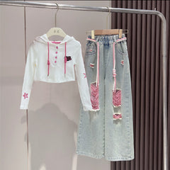 RM171223-31 طقم بناتي قطعتين (بلوزة قطنية + بنطلون جينز ناعم)