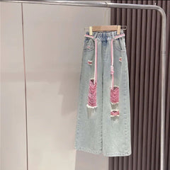 RM171223-31 طقم بناتي قطعتين (بلوزة قطنية + بنطلون جينز ناعم)