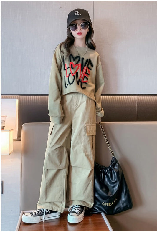 RM171223-36 طقم بناتي قطعتين ( بلوزة قطن + بنطلون كتان ناعم)