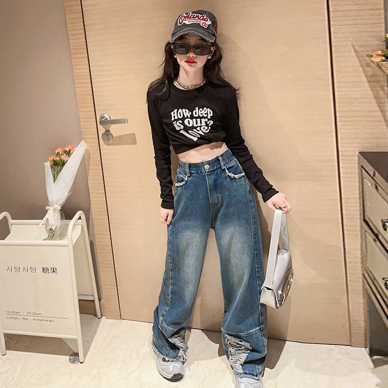 RM171223-3 طقم جينز قطعتين ( بلوزة قطنية + بنطلون جينز )