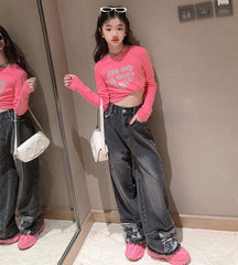 RM171223-3 طقم جينز قطعتين ( بلوزة قطنية + بنطلون جينز )