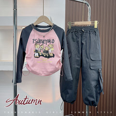 RM171223-40 طقم بناتي ( بلوزة قطنية + بنطلون كتان)