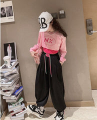 RM171223-5 طقم قطني بناتي 3 قطع ( بلوزة قصيرة + بدي ملون + بنطلون)