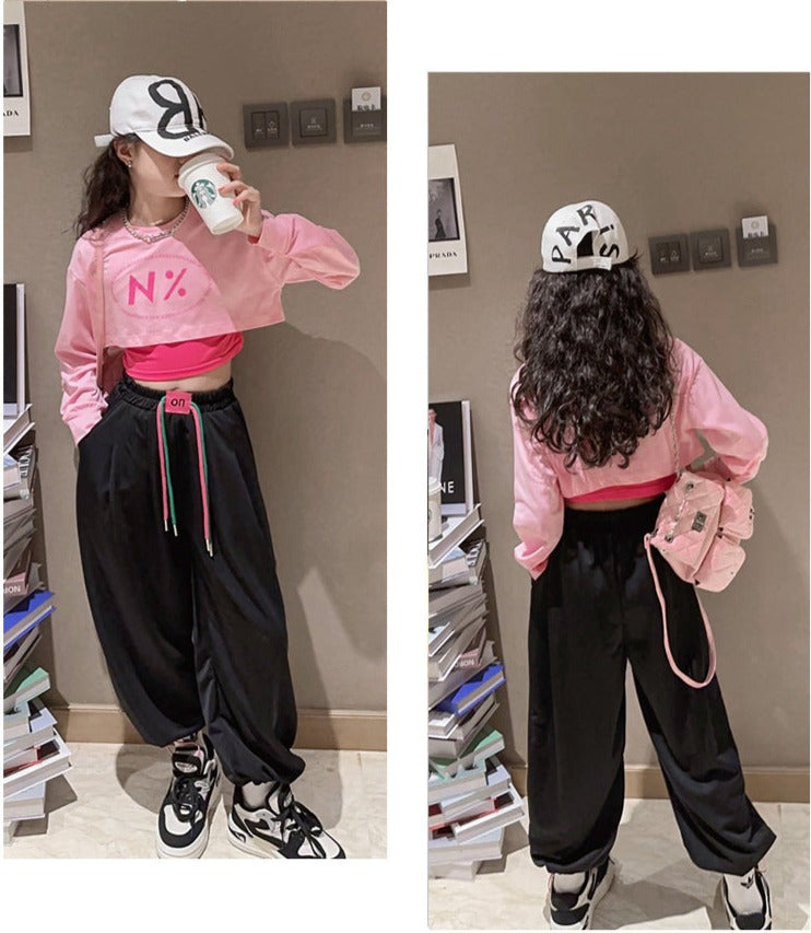 RM171223-5 طقم قطني بناتي 3 قطع ( بلوزة قصيرة + بدي ملون + بنطلون)