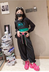 RM171223-5 طقم قطني بناتي 3 قطع ( بلوزة قصيرة + بدي ملون + بنطلون)