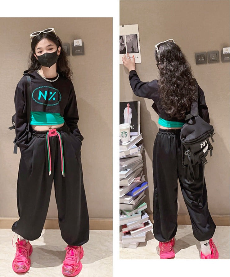 RM171223-5 طقم قطني بناتي 3 قطع ( بلوزة قصيرة + بدي ملون + بنطلون)