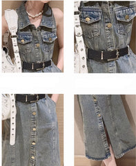 RM171223-7 فستان جينز مع حزام خصر
