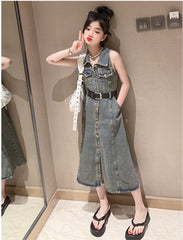 RM171223-7 فستان جينز مع حزام خصر