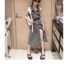 RM171223-7 فستان جينز مع حزام خصر