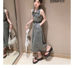 RM171223-7 فستان جينز مع حزام خصر