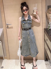 RM171223-7 فستان جينز مع حزام خصر