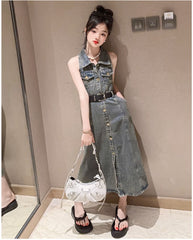 RM171223-7 فستان جينز مع حزام خصر