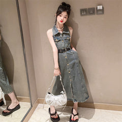 RM171223-7 فستان جينز مع حزام خصر