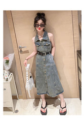 RM171223-7 فستان جينز مع حزام خصر