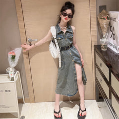 RM171223-7 فستان جينز مع حزام خصر