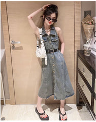 RM171223-7 فستان جينز مع حزام خصر