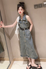 RM171223-7 فستان جينز مع حزام خصر