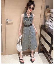RM171223-7 فستان جينز مع حزام خصر