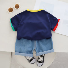 RM231223-15 طقم ولادي قطعتين ( بلوزة قطنية + شورت جينز )