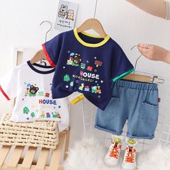 RM231223-15 طقم ولادي قطعتين ( بلوزة قطنية + شورت جينز )