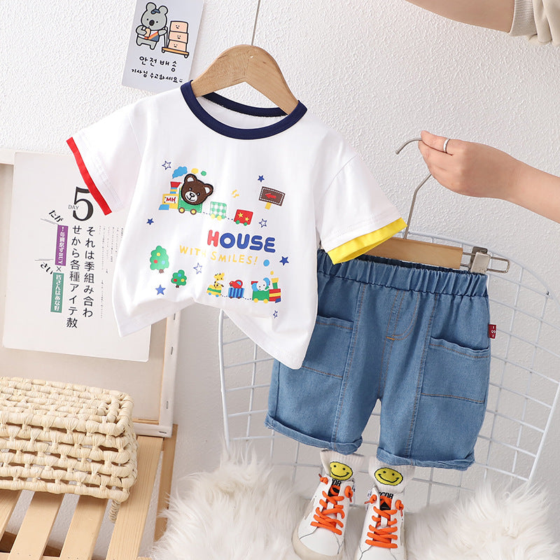 RM231223-15 طقم ولادي قطعتين ( بلوزة قطنية + شورت جينز )