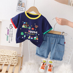 RM231223-15 طقم ولادي قطعتين ( بلوزة قطنية + شورت جينز )