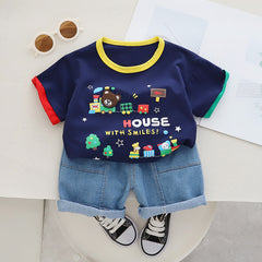 RM231223-15 طقم ولادي قطعتين ( بلوزة قطنية + شورت جينز )