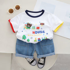 RM231223-15 طقم ولادي قطعتين ( بلوزة قطنية + شورت جينز )