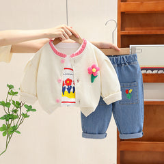 RM231223-24 طقم بناتي 3 قطع ( بلوزة موردة + جكيت مع دبوس وردة + بنطلون جينز )