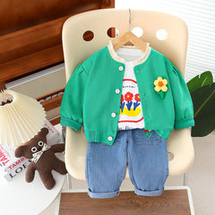 RM231223-24 طقم بناتي 3 قطع ( بلوزة موردة + جكيت مع دبوس وردة + بنطلون جينز )