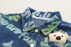 RM231223-25 طقم ولادي 3 قطع ( بلوزة قطعني + جكيت جينز مع دبدوب + بنطلون كتان)