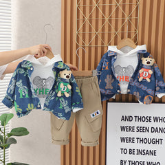 RM231223-25 طقم ولادي 3 قطع ( بلوزة قطعني + جكيت جينز مع دبدوب + بنطلون كتان)