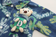 RM231223-25 طقم ولادي 3 قطع ( بلوزة قطعني + جكيت جينز مع دبدوب + بنطلون كتان)