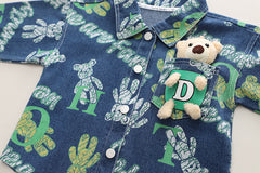 RM231223-25 طقم ولادي 3 قطع ( بلوزة قطعني + جكيت جينز مع دبدوب + بنطلون كتان)