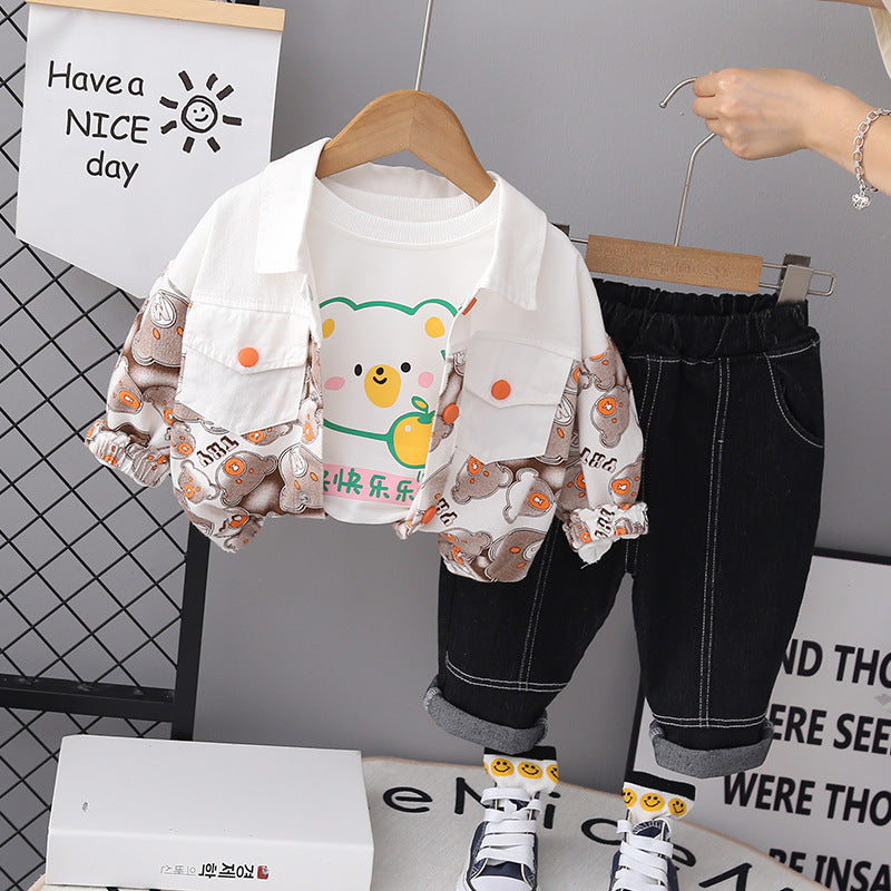 RM231223-26 طقم ولادي مميز بجي 3 قطع ( بنطلون جينز ناعم+ بلوزة قطنية + جكيت كتان ناعم)