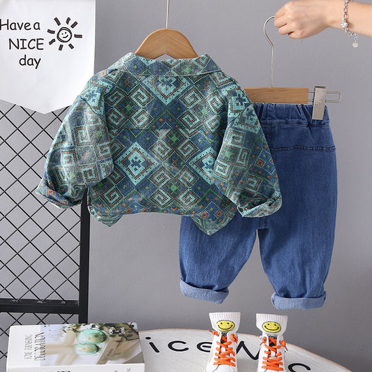 RM231223-29 طقم ولادي 3 قطع ( بلوزة + جكيت + بنطلون جينز)