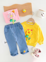 RM231223-31 طقم بناتي مورد ثري دي ( بلوزة قطنية + بنطلون جينز )