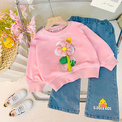 RM231223-31 طقم بناتي مورد ثري دي ( بلوزة قطنية + بنطلون جينز )