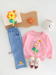 RM231223-31 طقم بناتي مورد ثري دي ( بلوزة قطنية + بنطلون جينز )