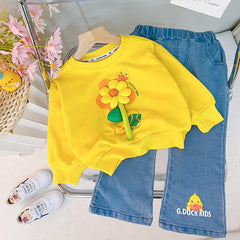 RM231223-31 طقم بناتي مورد ثري دي ( بلوزة قطنية + بنطلون جينز )