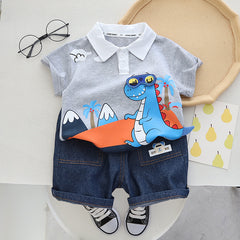RM231223-34 طقم ديناصور ولادي قطعتين ( بلوزة قطنية + شورت)