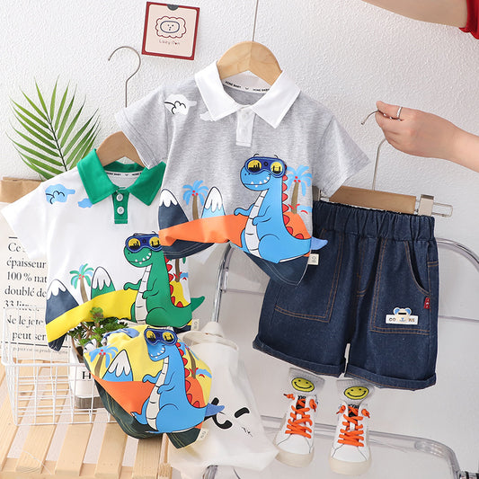 RM231223-34 طقم ديناصور ولادي قطعتين ( بلوزة قطنية + شورت)