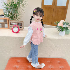 RM231223-36 طقم بناني 3 قطع ( بلوزة قطنية + فست صوف مورد + بنطلون جينز مزين بالكشكش )