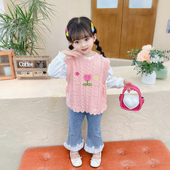 RM231223-36 طقم بناني 3 قطع ( بلوزة قطنية + فست صوف مورد + بنطلون جينز مزين بالكشكش )