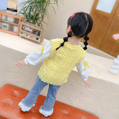 RM231223-36 طقم بناني 3 قطع ( بلوزة قطنية + فست صوف مورد + بنطلون جينز مزين بالكشكش )