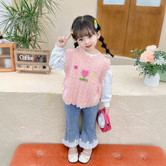 RM231223-36 طقم بناني 3 قطع ( بلوزة قطنية + فست صوف مورد + بنطلون جينز مزين بالكشكش )