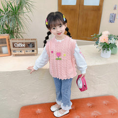 RM231223-36 طقم بناني 3 قطع ( بلوزة قطنية + فست صوف مورد + بنطلون جينز مزين بالكشكش )