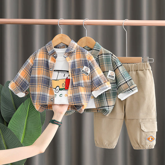 RM231223-3 طقم ولادي 3 قطع ( بلوزة + قميص كروهات + بنطلون كتان)