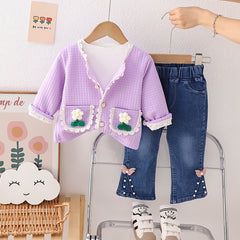 RM231223-41 طقم بناتي 3 قطع ( بلوزة قطنية + جكيت + بنطلون جينز)