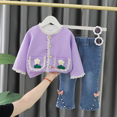 RM231223-41 طقم بناتي 3 قطع ( بلوزة قطنية + جكيت + بنطلون جينز)